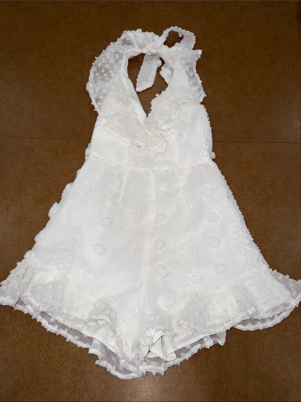 Angel Biba White Textured Swiss-Dot Halter Romper with Ruffle Hem • Size Small